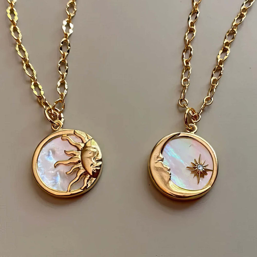 ★HARANG★ HR 68N_Mother of Pearl Sun Carved Necklace Carved Mother of Pearl Sun and Moon Face Disk Pendant with